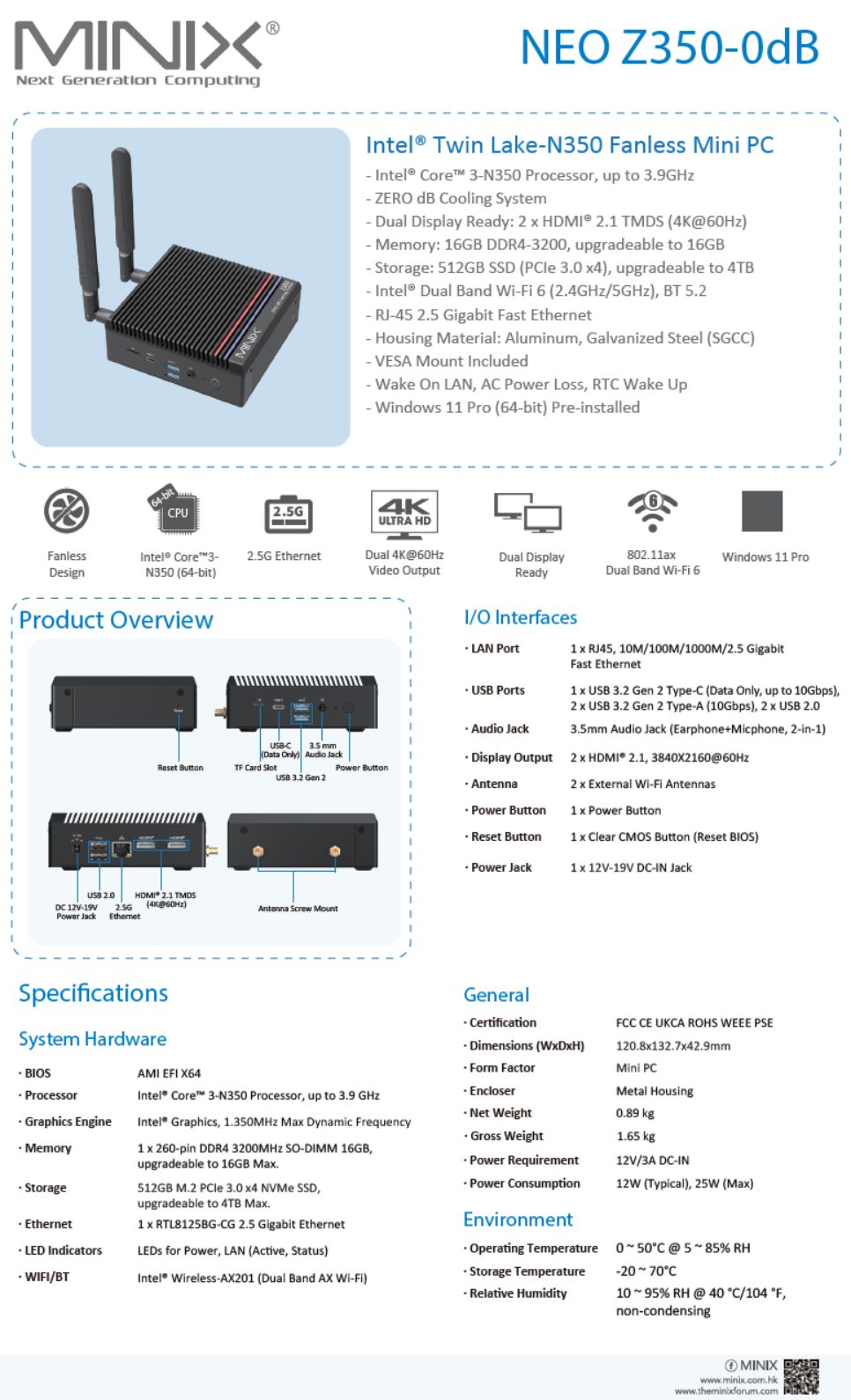 MINIX NEO Z350-0dB / Intel Core 3-N350 Mini PC, 512GB SSD, 16GB RAM, lüfterlos, Windows 11 Pro