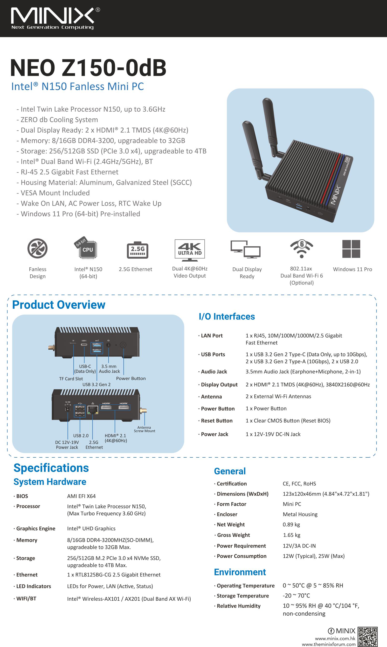 MINIX NEO Z150-0dB / Intel N150 Mini PC, 512GB SSD, 16GB RAM, lautlos, Windows 11 Pro